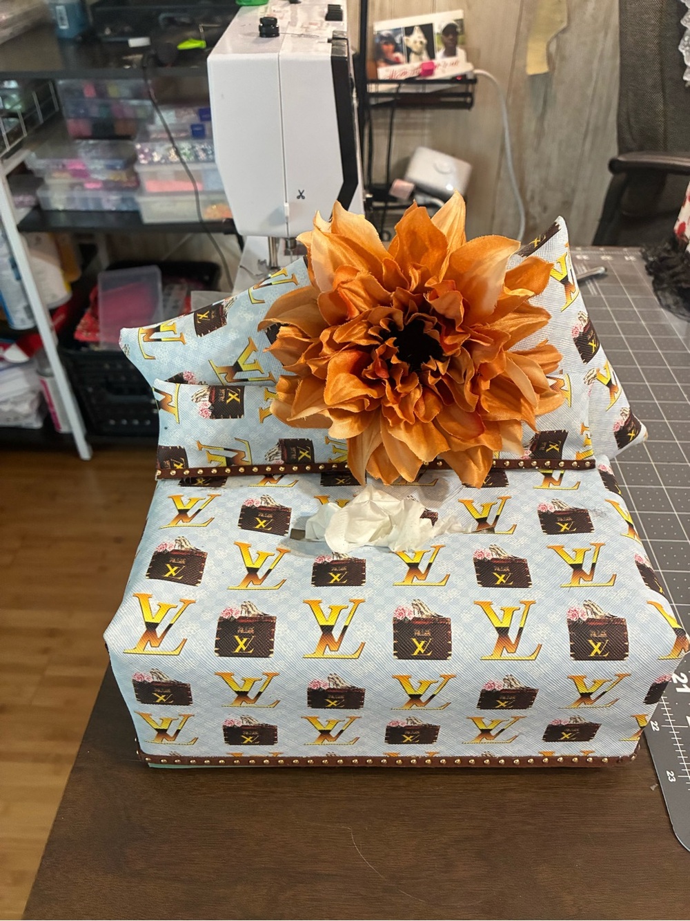 Decorative Tissue Box Cover with Orange Flower Accent